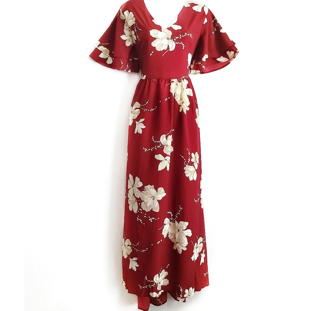 Burgundy Floral Print Maxi Dress